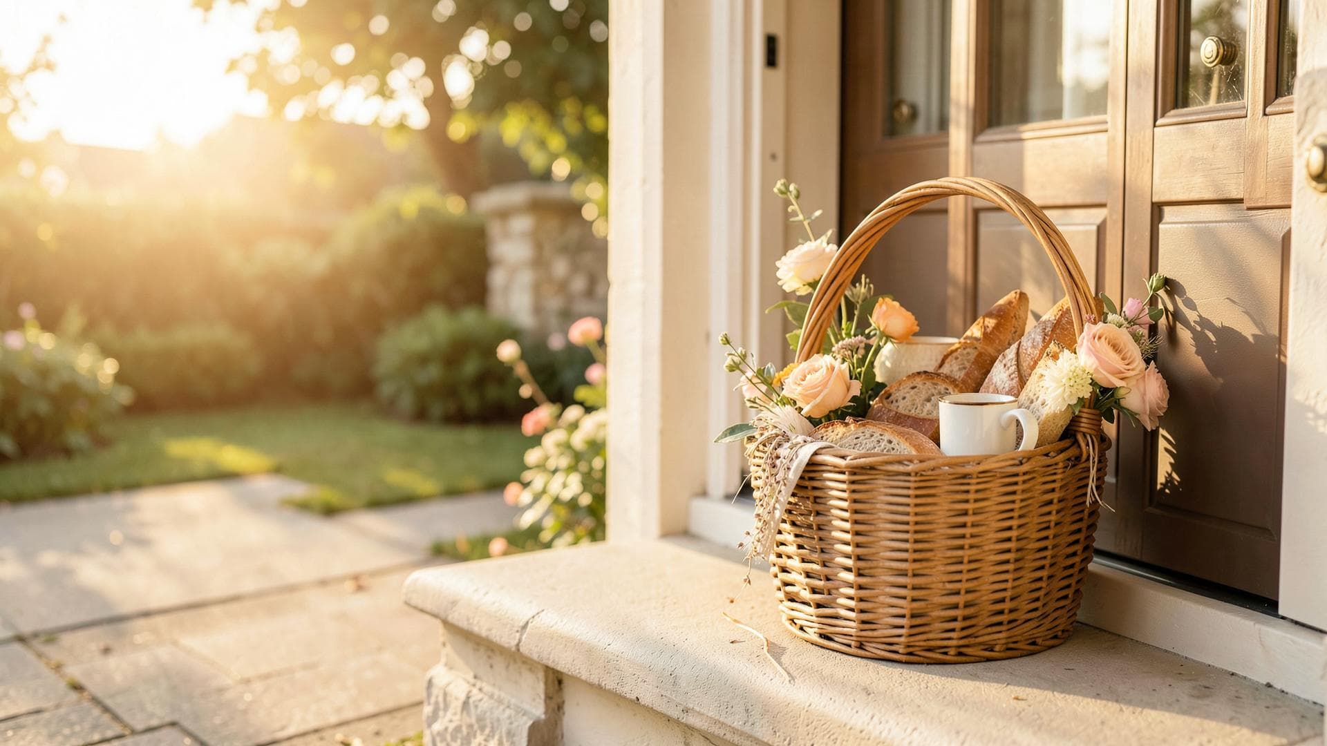 Cesta de café da manhã entregue na porta de casa ao amanhecer